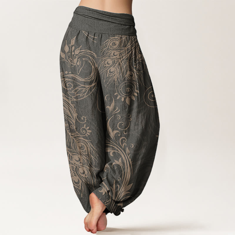 Pure Cotton Casual Peacock Design Women's Elastic Waist Harem Pants