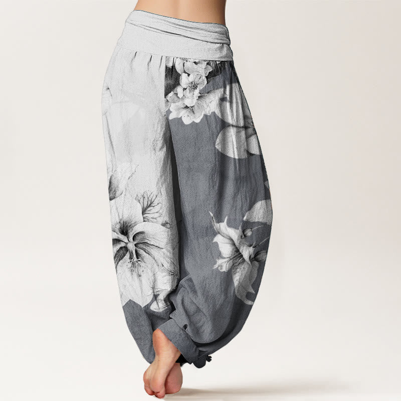 Pure Cotton Camellia Pattern Women's Elastic Waist Harem Pants