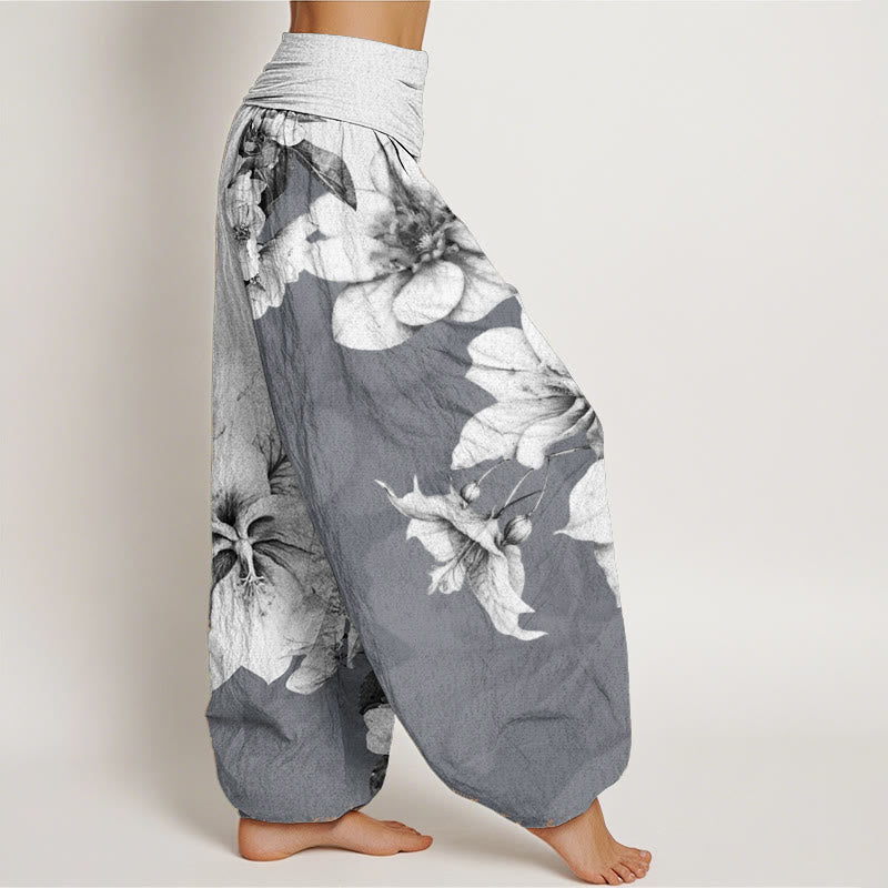 Pure Cotton Camellia Pattern Women's Elastic Waist Harem Pants