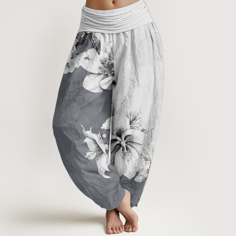 Pure Cotton Camellia Pattern Women's Elastic Waist Harem Pants