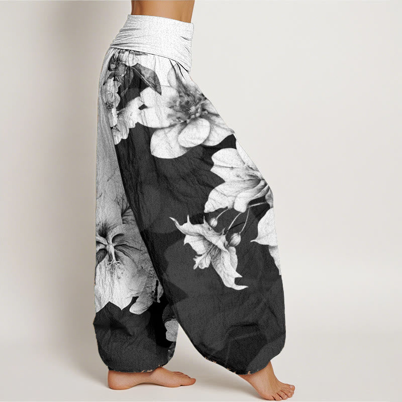 Pure Cotton Camellia Pattern Women's Elastic Waist Harem Pants