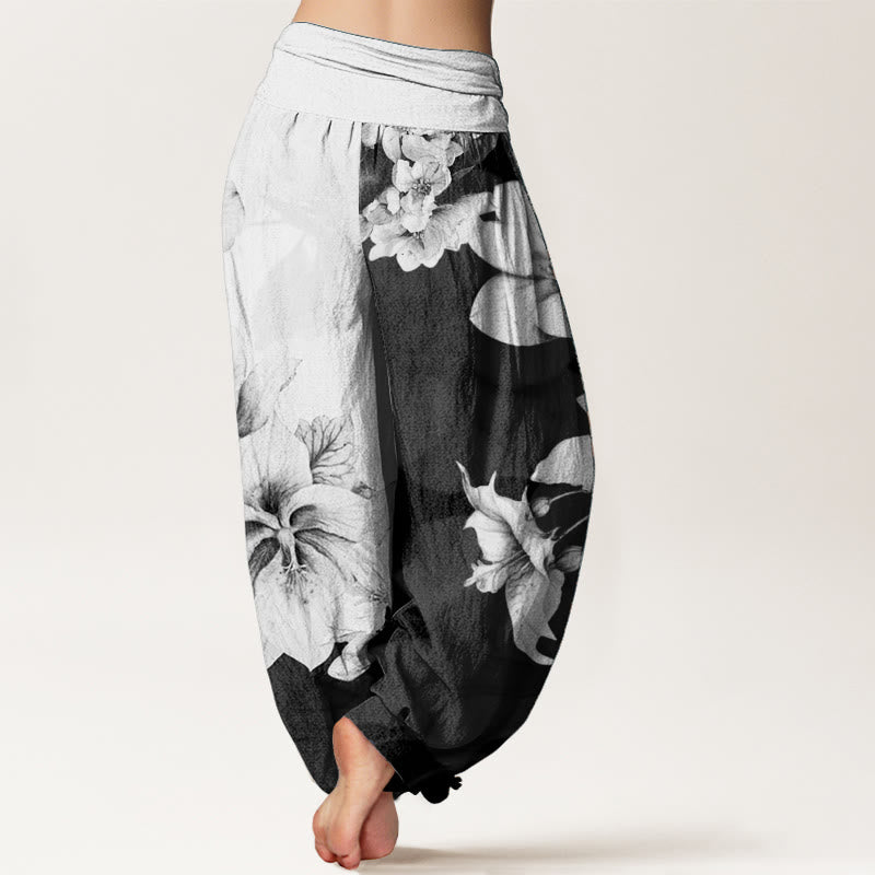 Pure Cotton Camellia Pattern Women's Elastic Waist Harem Pants