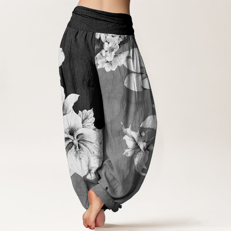 Pure Cotton Camellia Pattern Women's Elastic Waist Harem Pants