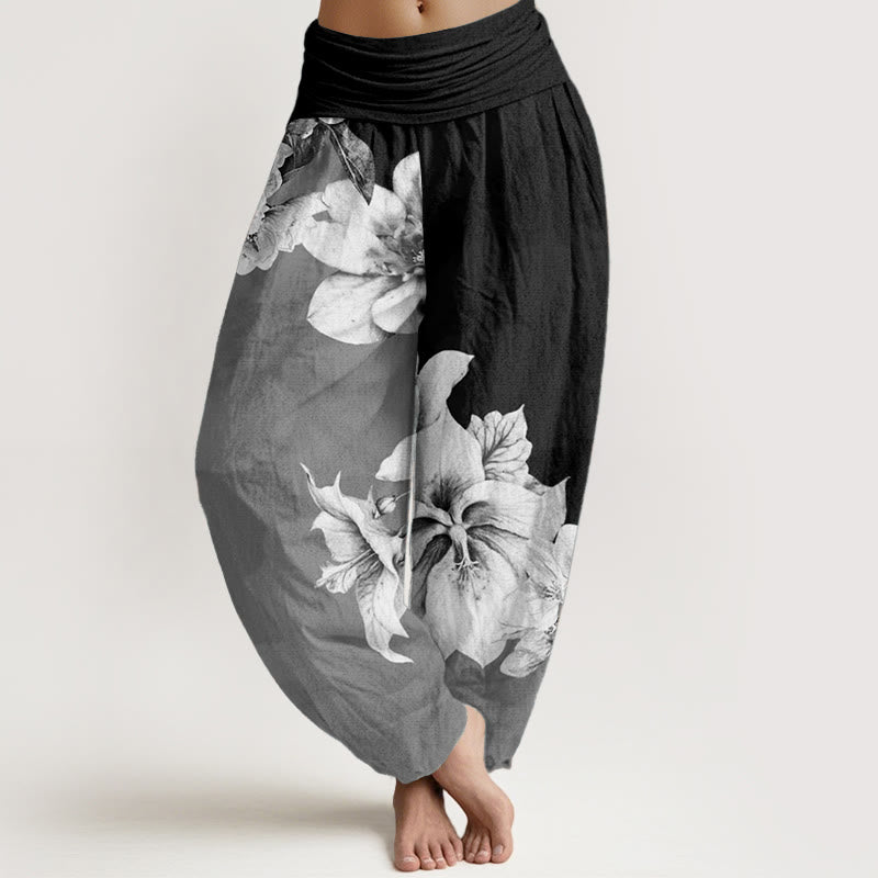 Pure Cotton Camellia Pattern Women's Elastic Waist Harem Pants