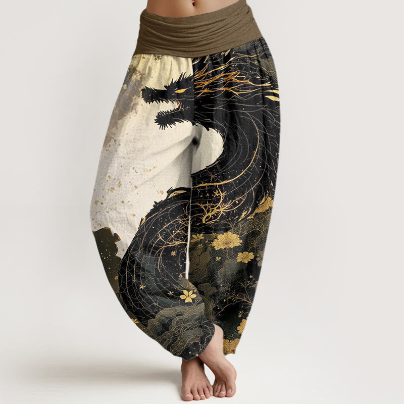 Cotton Casual Dragon Ancient Tree Pattern Women's Elastic Waist Harem Pants