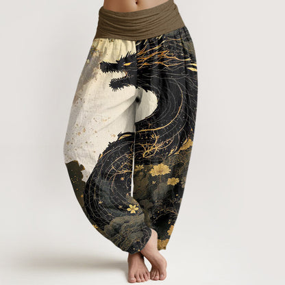 Cotton Casual Dragon Ancient Tree Pattern Women's Elastic Waist Harem Pants