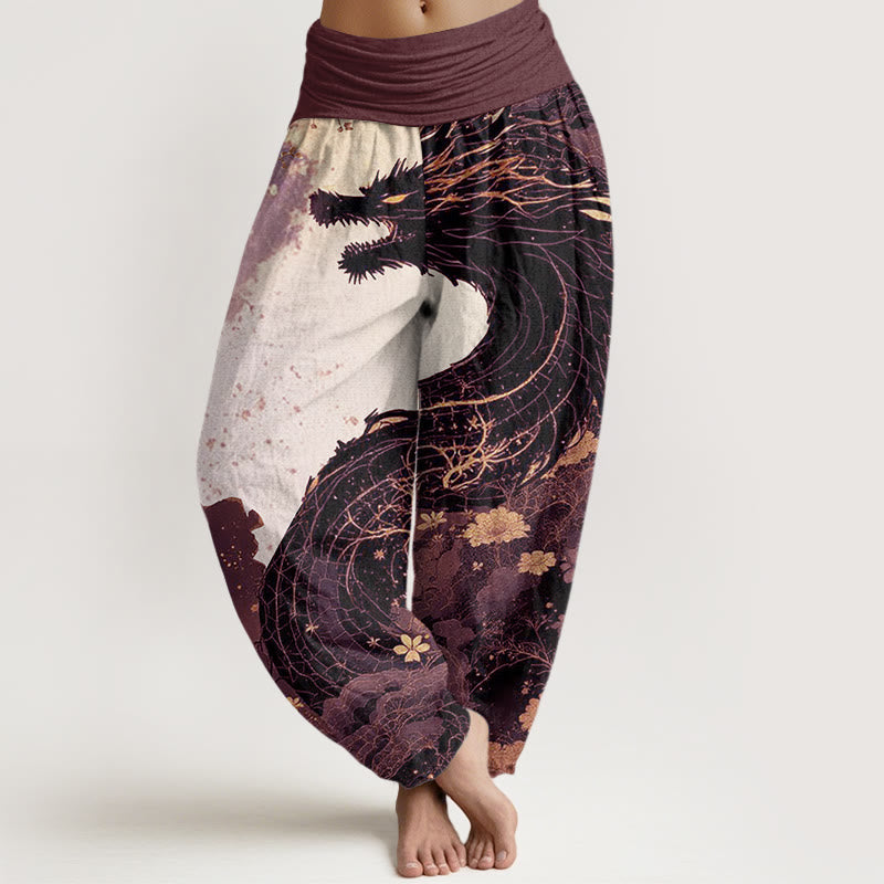 Cotton Casual Dragon Ancient Tree Pattern Women's Elastic Waist Harem Pants