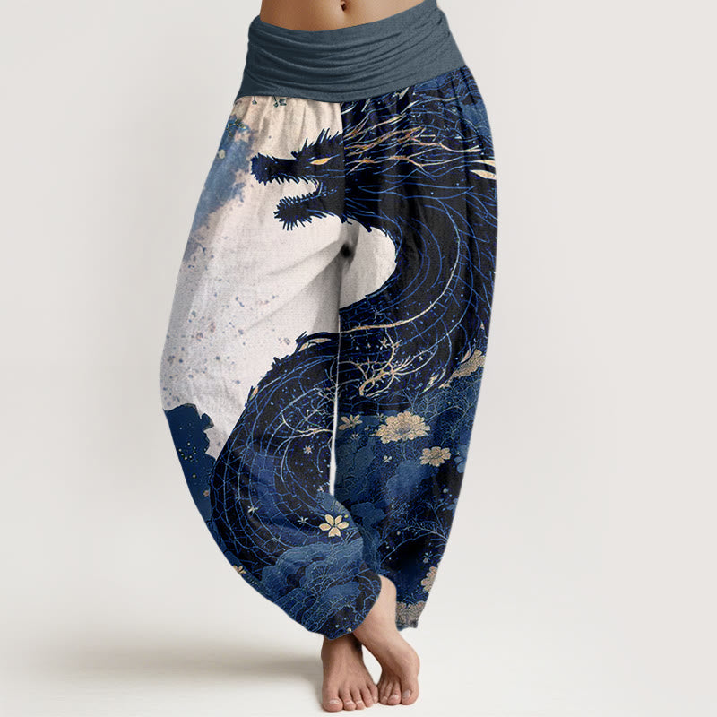 Cotton Casual Dragon Ancient Tree Pattern Women's Elastic Waist Harem Pants