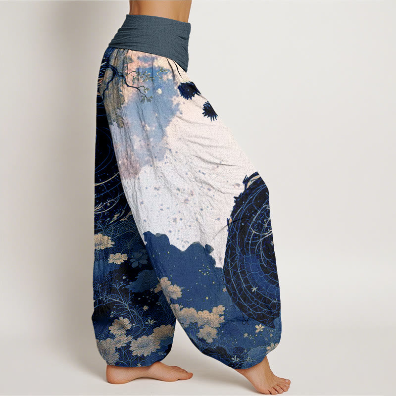 Cotton Casual Dragon Ancient Tree Pattern Women's Elastic Waist Harem Pants