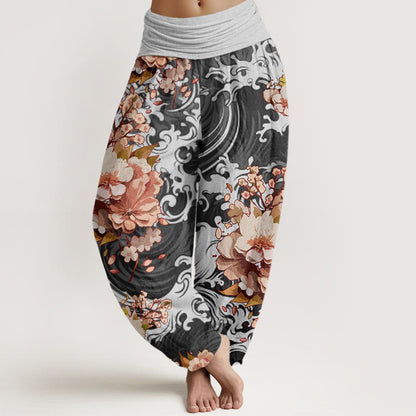 Cotton Casual Wave And Floral Pattern Women's Elastic Waist Harem Pants