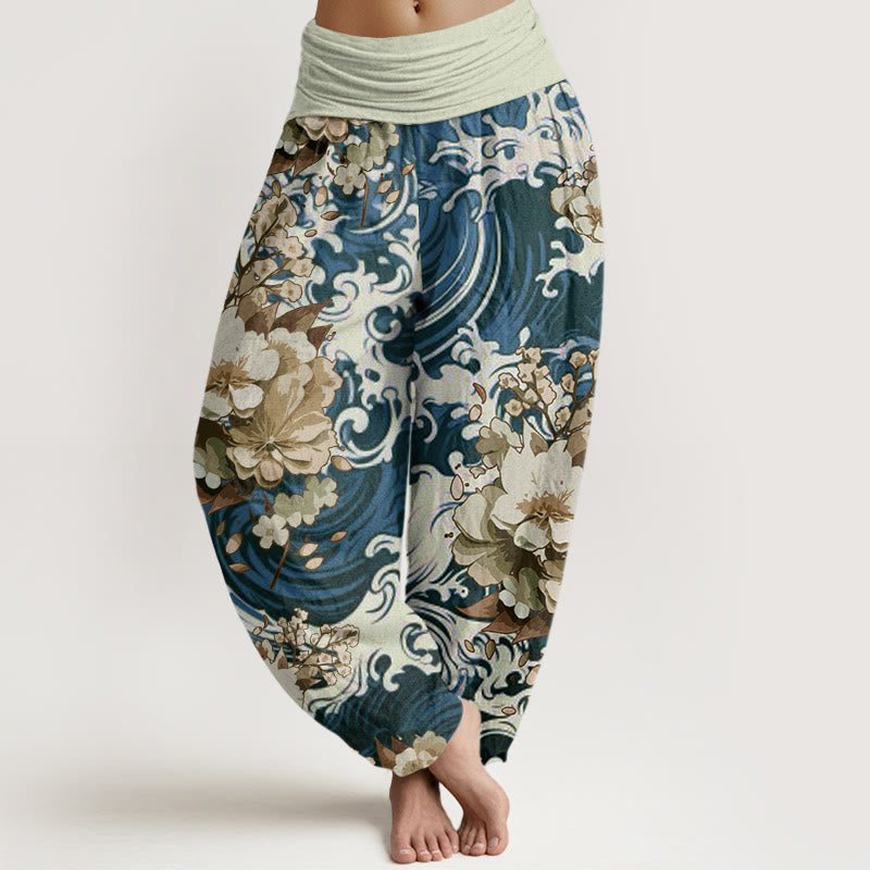 Cotton Casual Wave And Floral Pattern Women's Elastic Waist Harem Pants