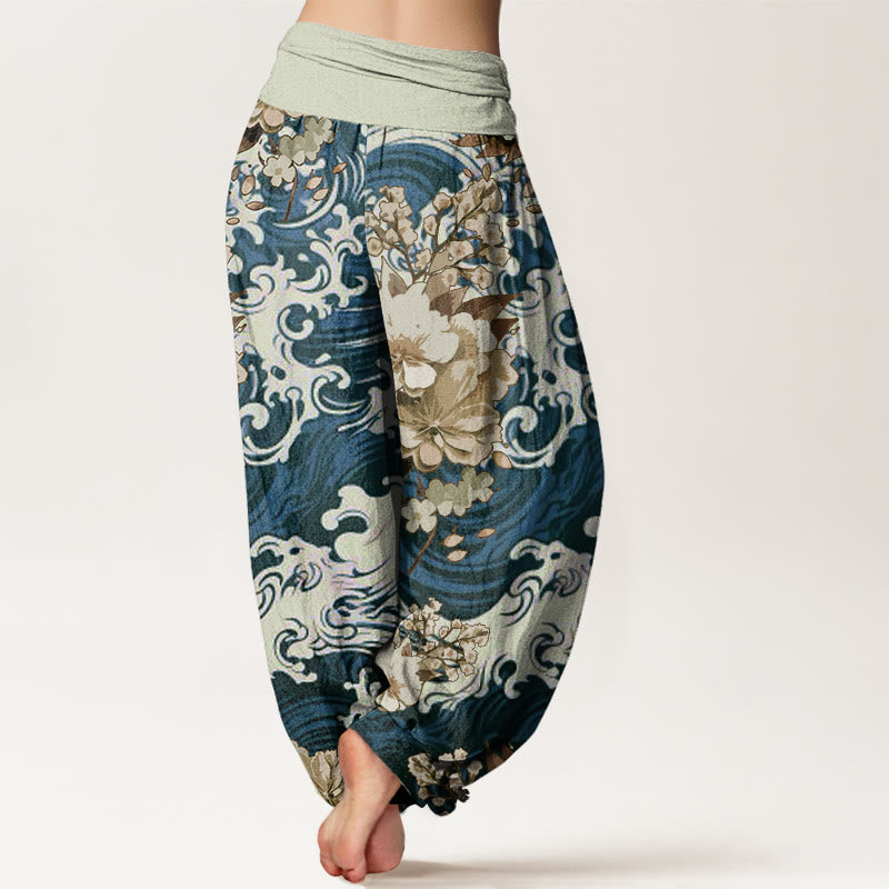 Cotton Casual Wave And Floral Pattern Women's Elastic Waist Harem Pants