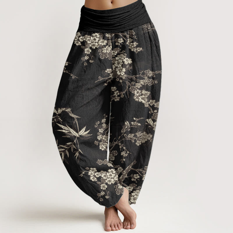 Pure Cotton White Sakura Flower Pattern Women's Elastic Waist Harem Pants