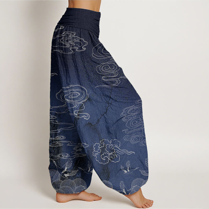 Pure Cotton White Auspicious Clouds Birds Tree Pattern Women's Elastic Waist Harem Pants