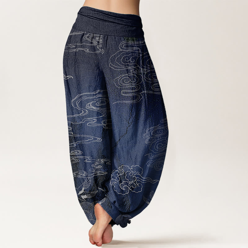 Pure Cotton White Auspicious Clouds Birds Tree Pattern Women's Elastic Waist Harem Pants