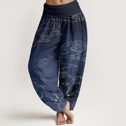 Pure Cotton White Auspicious Clouds Birds Tree Pattern Women's Elastic Waist Harem Pants