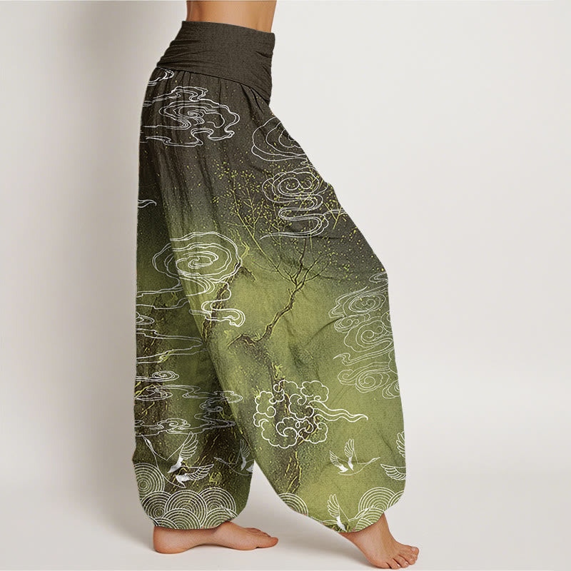 Pure Cotton White Auspicious Clouds Birds Tree Pattern Women's Elastic Waist Harem Pants