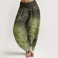 Pure Cotton White Auspicious Clouds Birds Tree Pattern Women's Elastic Waist Harem Pants