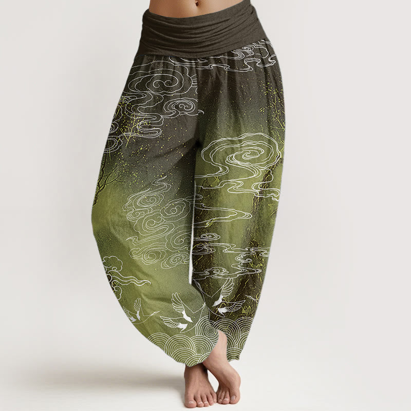 Pure Cotton White Auspicious Clouds Birds Tree Pattern Women's Elastic Waist Harem Pants