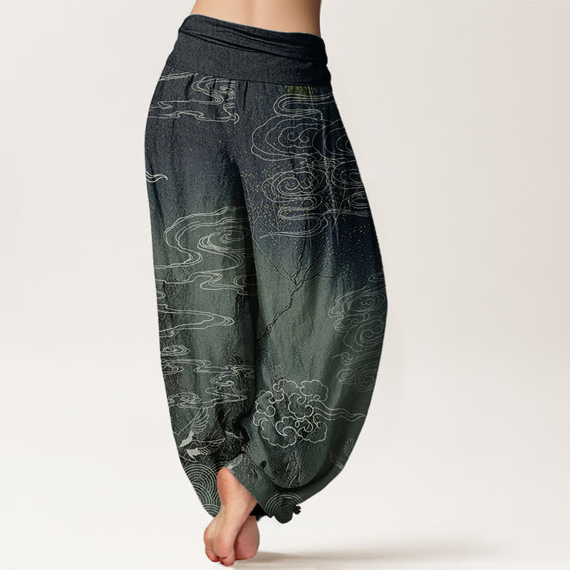 Pure Cotton White Auspicious Clouds Birds Tree Pattern Women's Elastic Waist Harem Pants
