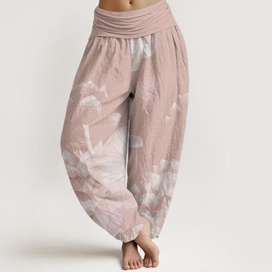 Pure Cotton Pink And White Lotus Women's Elastic Waist Harem Pants