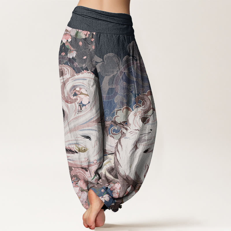 Pure Cotton Fox Cherry Blossoms Women's Elastic Waist Harem Pants