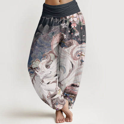 Pure Cotton Fox Cherry Blossoms Women's Elastic Waist Harem Pants