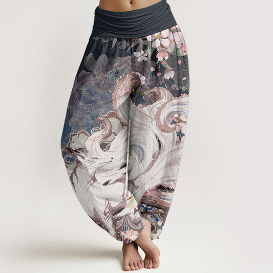 Pure Cotton Fox Cherry Blossoms Women's Elastic Waist Harem Pants