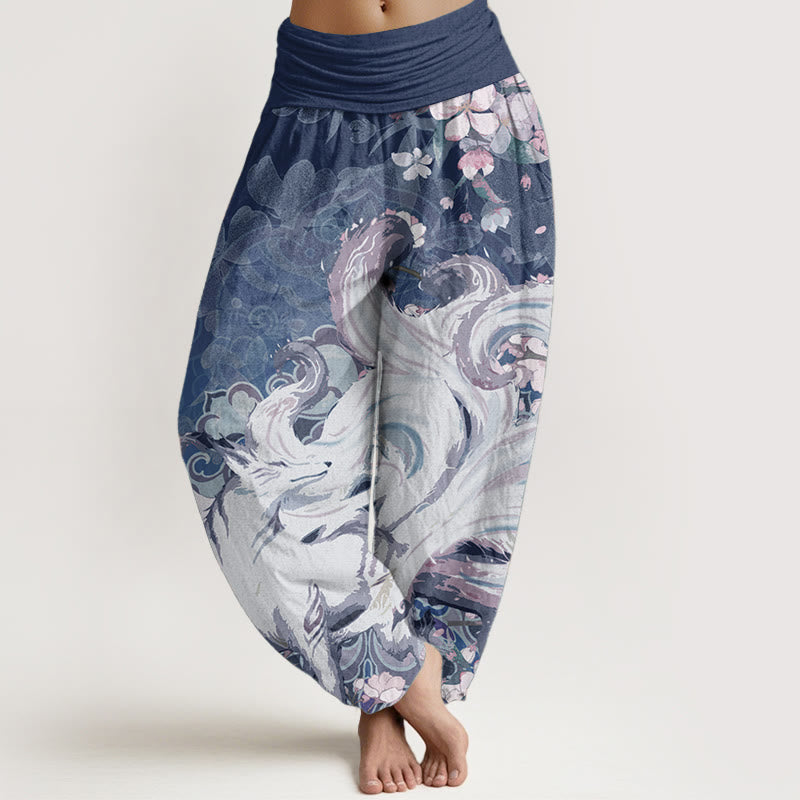 Pure Cotton Fox Cherry Blossoms Women's Elastic Waist Harem Pants