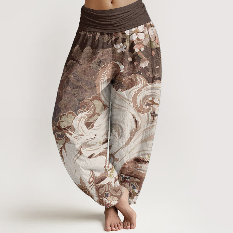 Pure Cotton Fox Cherry Blossoms Women's Elastic Waist Harem Pants