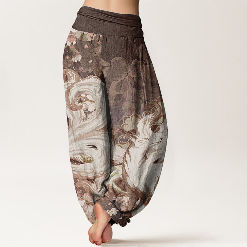 Pure Cotton Fox Cherry Blossoms Women's Elastic Waist Harem Pants