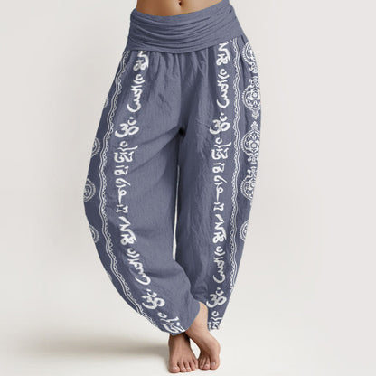 Buddha Stones Pure Cotton Mandala Om Mani Padme Hum Women's Elastic Waist Harem Pants