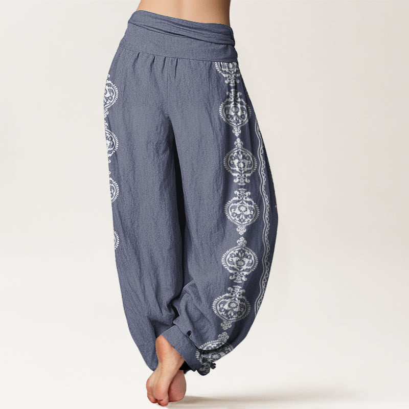 Buddha Stones Pure Cotton Mandala Om Mani Padme Hum Women's Elastic Waist Harem Pants