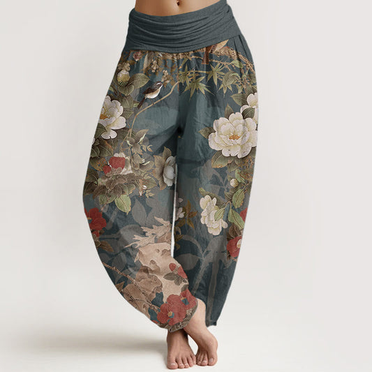 Pure Cotton Casual Peony Flowers Leaves Magpie Women's Elastic Waist Harem Pants