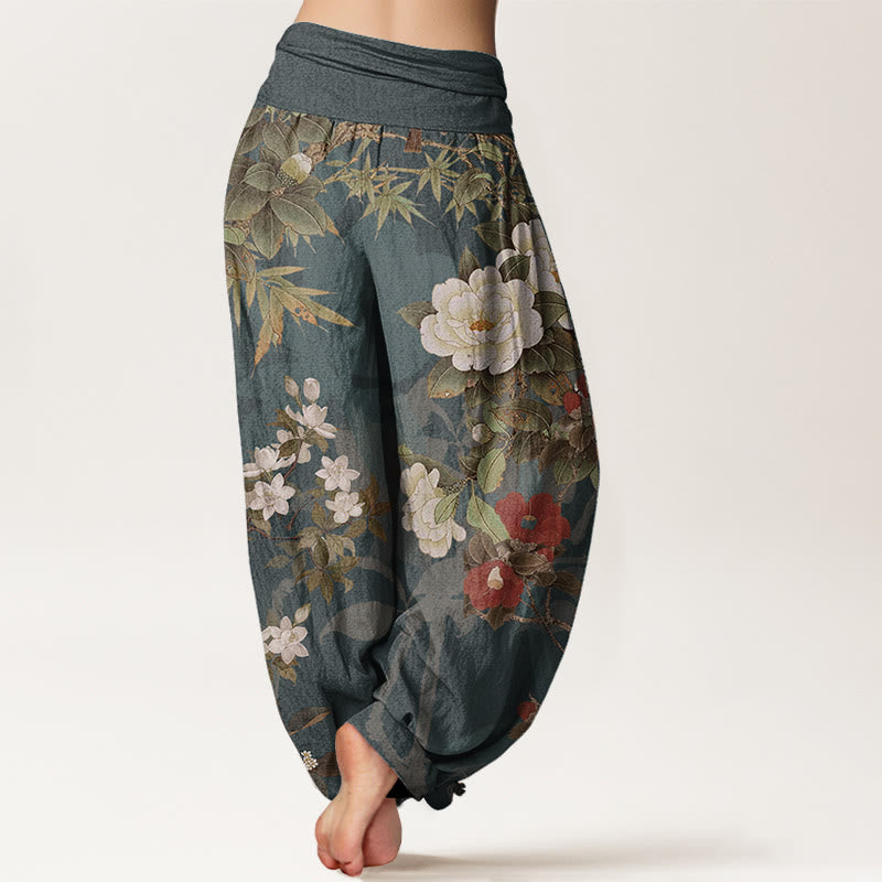 Pure Cotton Casual Peony Flowers Leaves Magpie Women's Elastic Waist Harem Pants