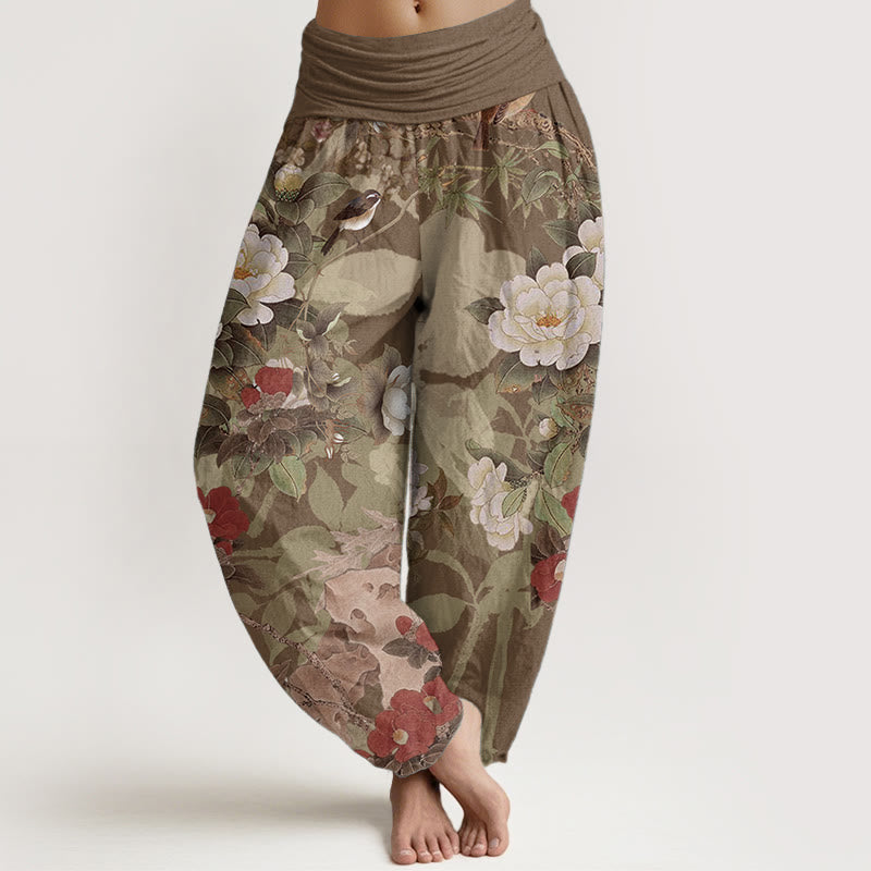 Pure Cotton Casual Peony Flowers Leaves Magpie Women's Elastic Waist Harem Pants