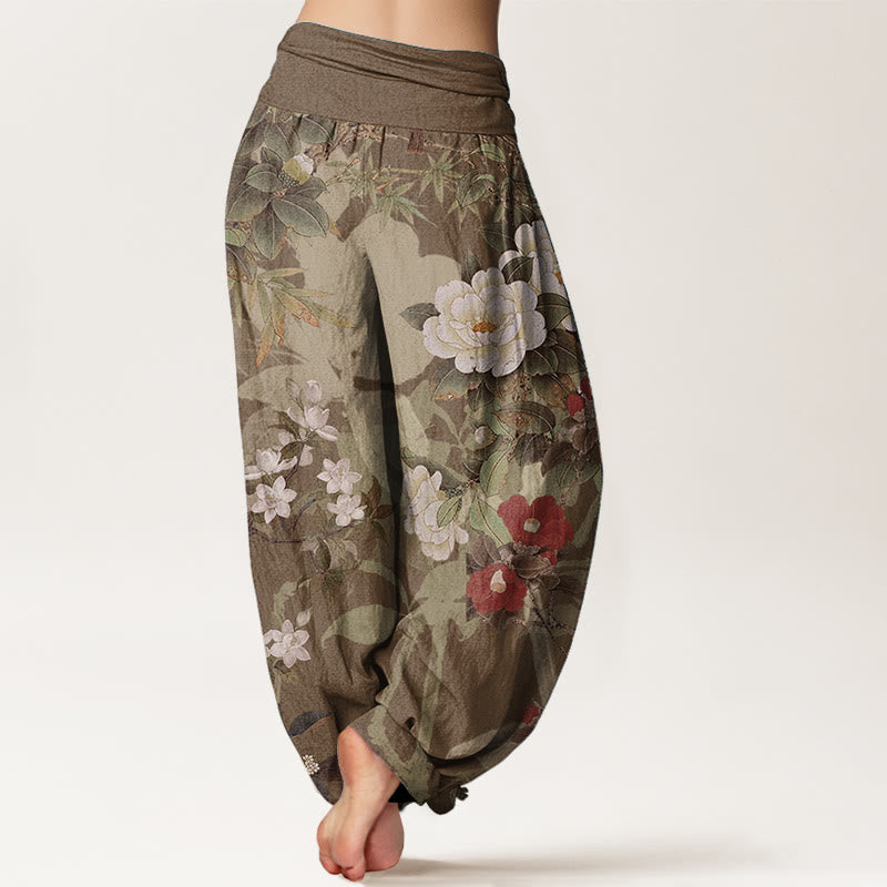 Pure Cotton Casual Peony Flowers Leaves Magpie Women's Elastic Waist Harem Pants