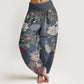 Pure Cotton Casual Peony Flowers Leaves Magpie Women's Elastic Waist Harem Pants