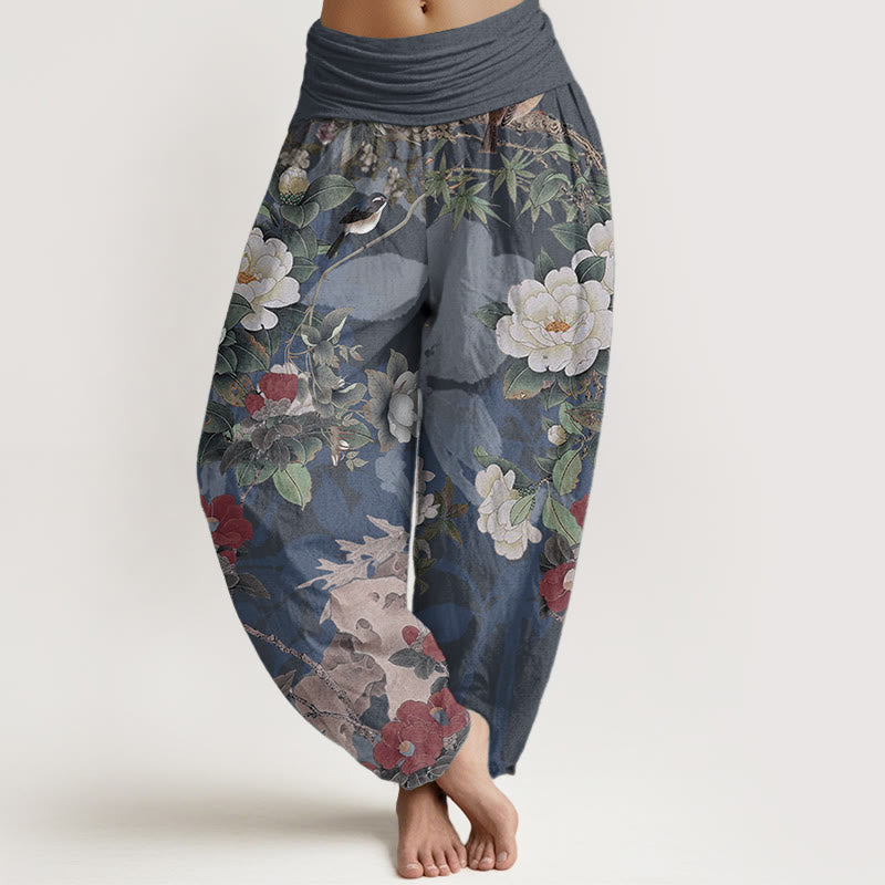 Pure Cotton Casual Peony Flowers Leaves Magpie Women's Elastic Waist Harem Pants