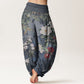 Pure Cotton Casual Peony Flowers Leaves Magpie Women's Elastic Waist Harem Pants