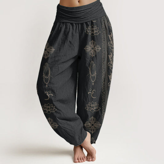 Pure Cotton Lotus Flowers Double Dorje Vajra Namaste Om Design Women's Elastic Waist Harem Pants