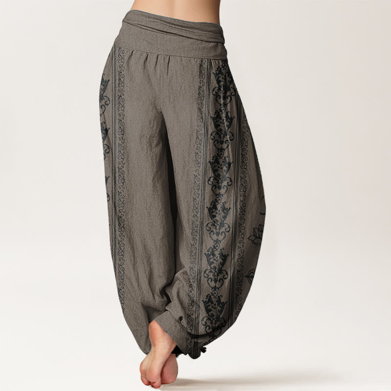 Pure Cotton Lotus Flowers Double Dorje Vajra Namaste Om Design Women's Elastic Waist Harem Pants