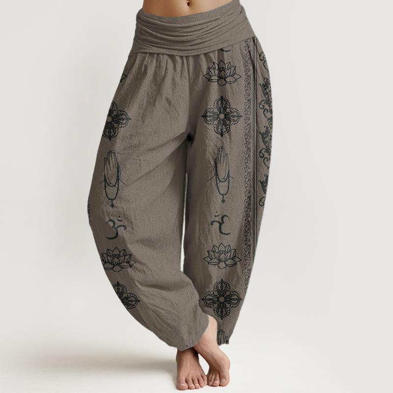 Pure Cotton Lotus Flowers Double Dorje Vajra Namaste Om Design Women's Elastic Waist Harem Pants