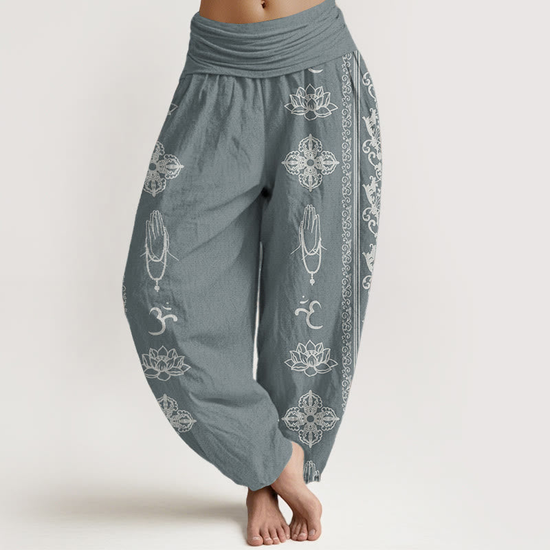 Pure Cotton Lotus Flowers Double Dorje Vajra Namaste Om Design Women's Elastic Waist Harem Pants