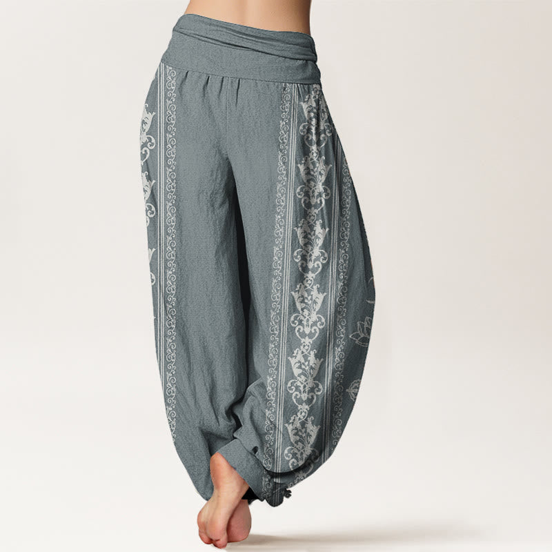 Pure Cotton Lotus Flowers Double Dorje Vajra Namaste Om Design Women's Elastic Waist Harem Pants