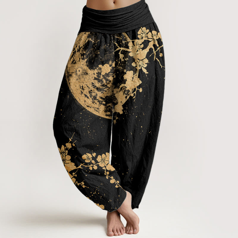 Pure Cotton Golden Plum Blossom Full Moon Pattern Women's Elastic Waist Harem Pants