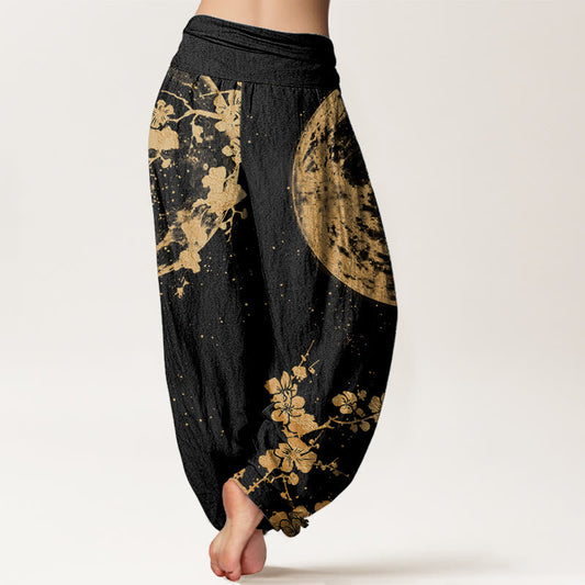Pure Cotton Golden Plum Blossom Full Moon Pattern Women's Elastic Waist Harem Pants