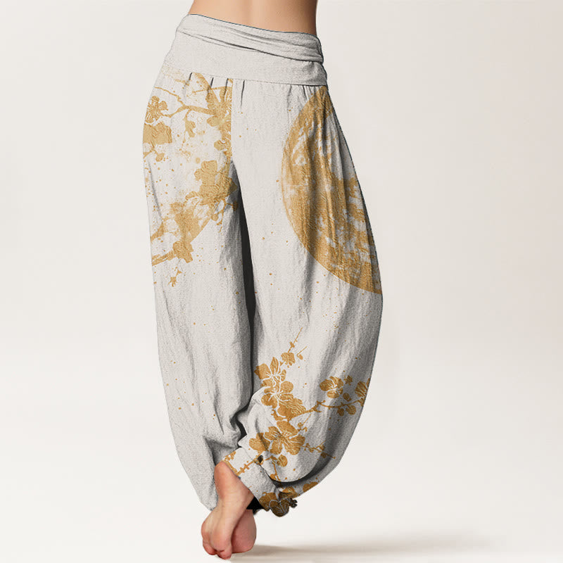 Pure Cotton Golden Plum Blossom Full Moon Pattern Women's Elastic Waist Harem Pants