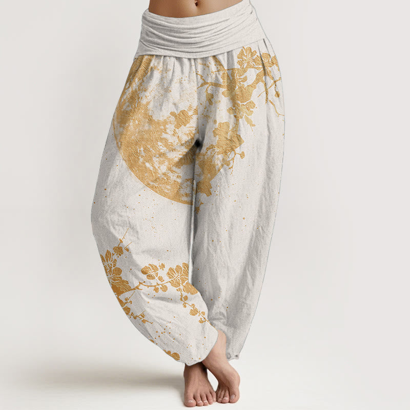 Pure Cotton Golden Plum Blossom Full Moon Pattern Women's Elastic Waist Harem Pants