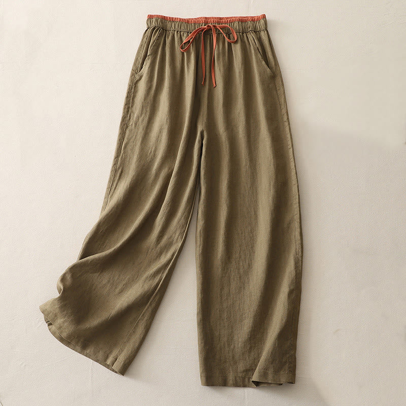Casual Colorblock Drawstring Women's Cotton Wide Leg Pants With Pockets